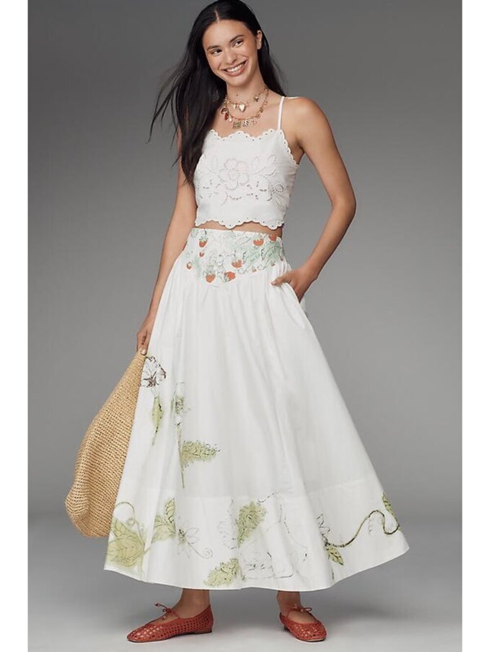 Anthropologie Swan Gossip X Basque-Waist Maxi Skirt NWT 10 Strawberry Print